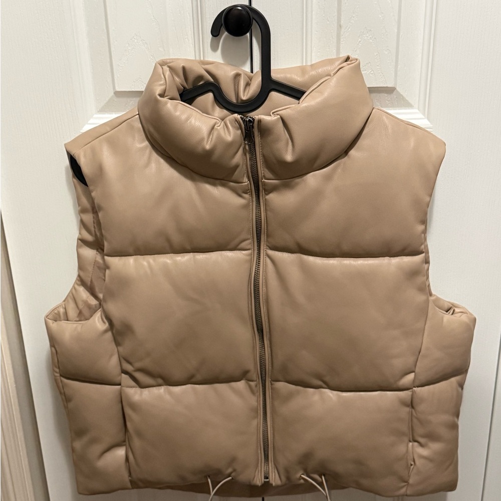 Women's Faux Leather Tan Puffer Vest